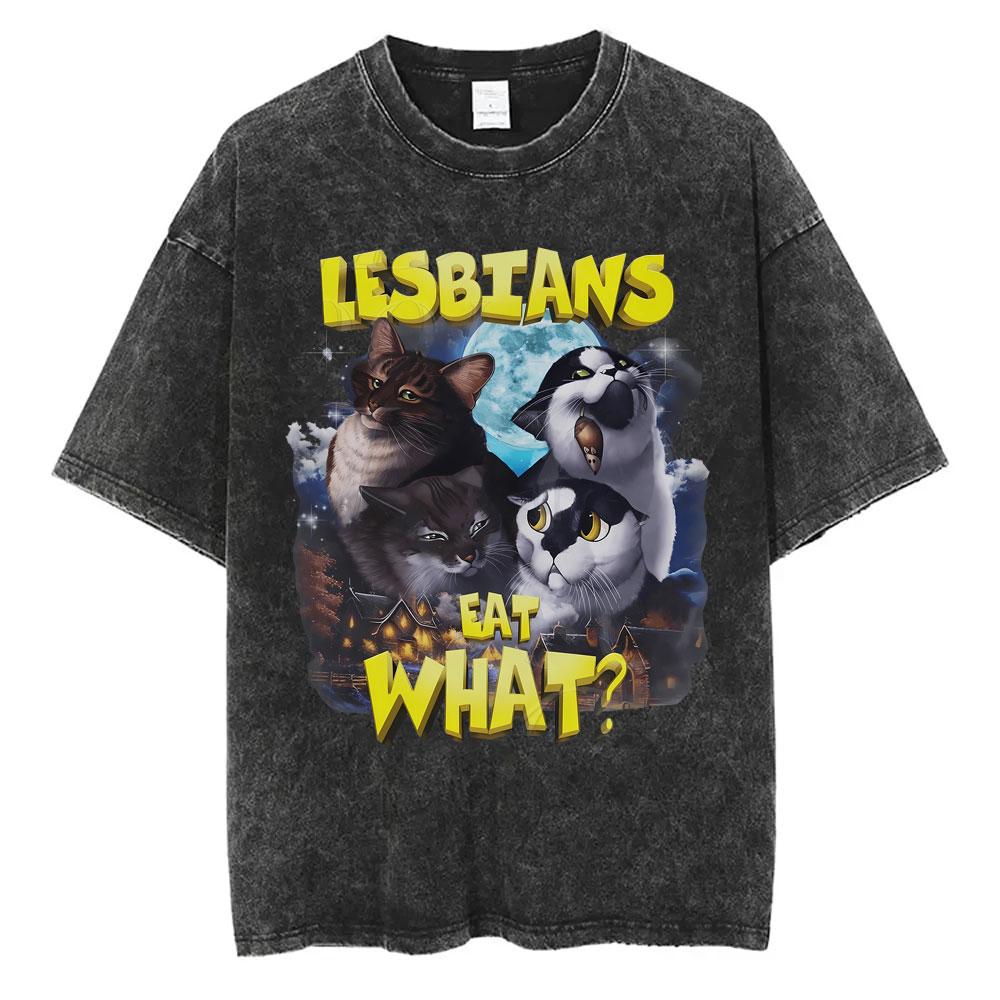 Lesbiche Mangiano Cosa Magliette Lavate Vintage Unisex Casual Cotone Retro Manica Corta Magliette Uomo Donna Carino Divertente Gatto Meme Maglietta