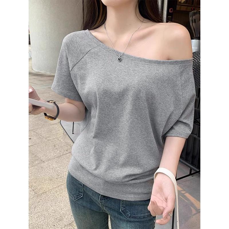 2026 Summer Plus Size Women's One-Shoulder T-Shirt - Slimming, Tummy Concealing, Pure Cotton, Versatile Casual Top