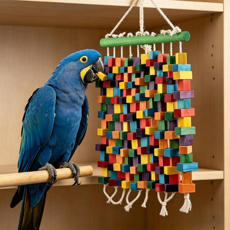 Hookbill Chewing Accessory Natural Wooden Bird Stand Featuring Various Colored Factors And Cables For Medium Large Hookbills
