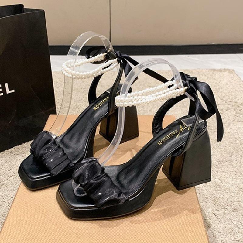 Fashion Women Sandals French Fairy Pearl Roman Sandal Elegant Square Toe High Heeled Sandals Banquet Party Shoes for Women Pumps