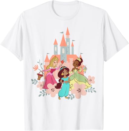 Disney Princess Aurora Jasmine Tiana Happy Castle In Back T-Shirt