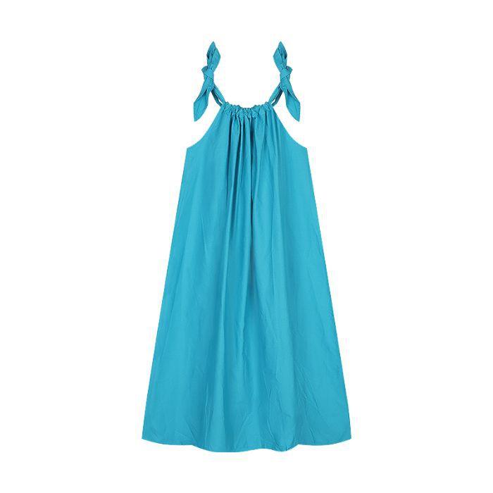 

New holiday style lace-up suspender dress women s summer loose and thin A-shaped skirt blue medium and long skirt S синий