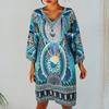 Sommerkleid für Damen, Retro-Ethno-Stil, Druck, lange Ärmel, V-Ausschnitt, weich, atmungsaktiv, locker, knielang, lässig, für Damen, täglich, Midikleid