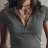 Women Tops Slim Fit Short Sleeve Zipper Half Neck T-Shirt Pure Color Soft Stretch Fabric Casual Tops Daily Wear