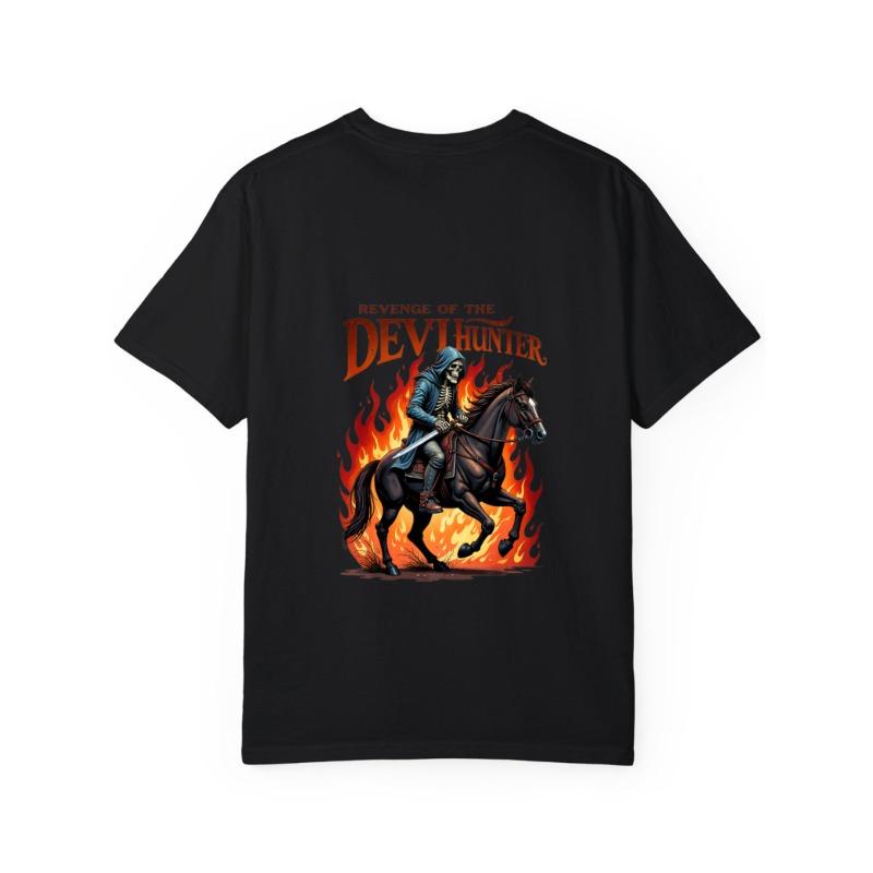 T Shirt White Revenge of The Devil Hunter Skeleton On Horse with Flames Graphic for Casual Wear