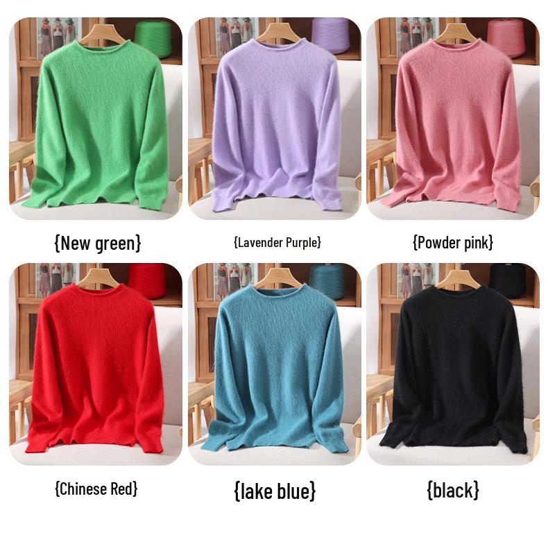 Women's Mink Cashmere Short Sweater with Half-High Collar and Rabbit Fur Knit, Slimming Fit
