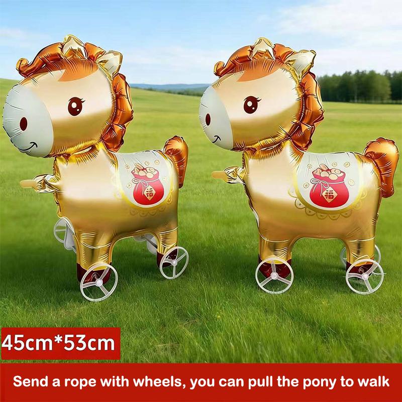 2026 Cartoon Animal Theme 3D Standing Cute Horse Aluminum Film Balloon With Wheels Children Birthday Party Photo Prop Decoration