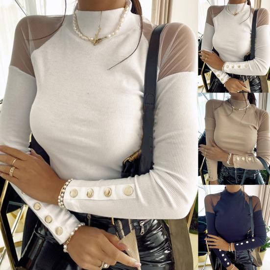 

Женская водолазка с прозрачной сеткой и лоскутными пуговицами с длинными рукавами