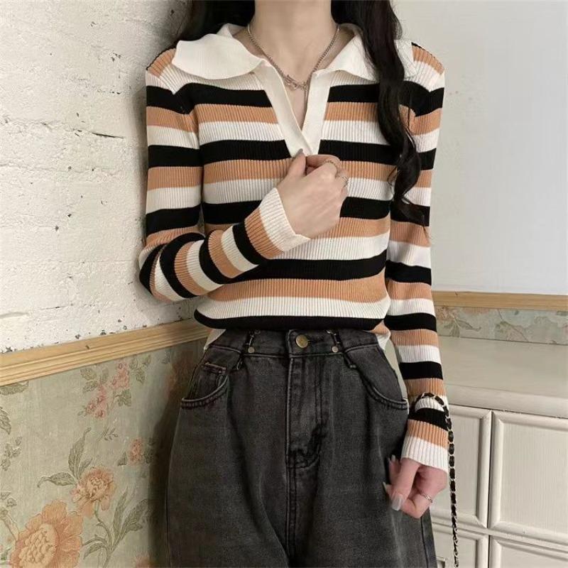 Polo lapel striped knitted sweater women's early autumn new thin short long-sleeved top
