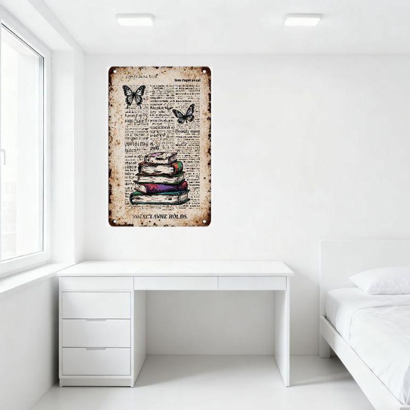 Vintage Life Is Like a Book Metal Tin Sign with Butterflies & Colorful Books, Faded Newspaper Background Wall Decor for Home, Ca