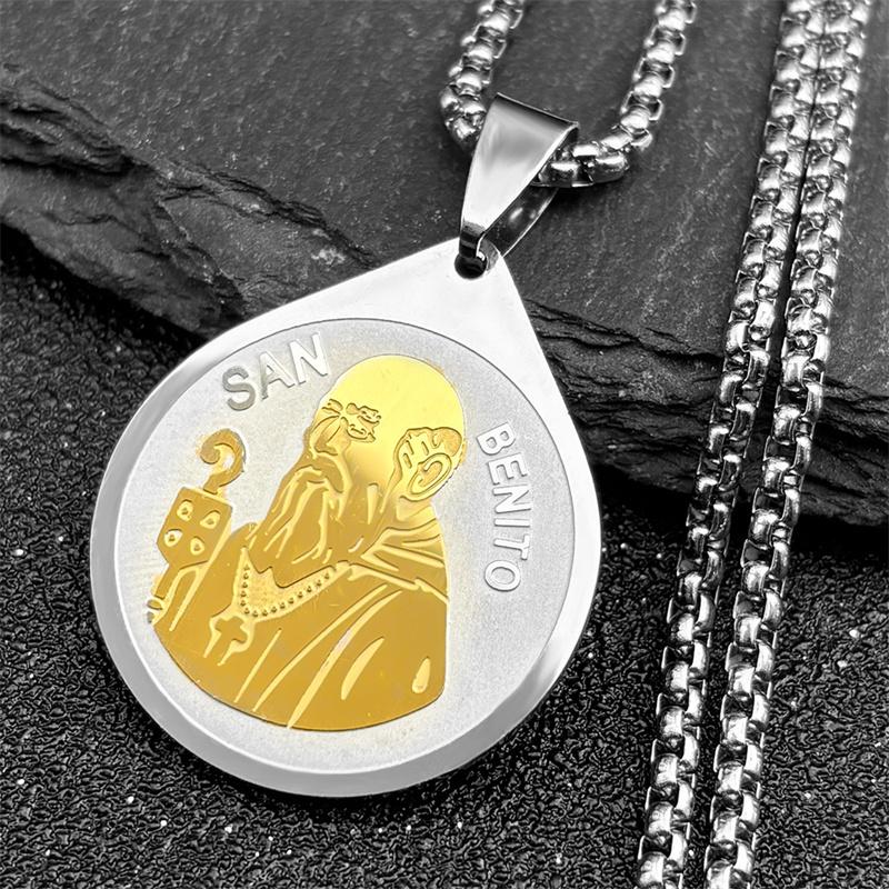 Catholic Medal of San Benito Necklace for Women Men Stainless Steel Gold Silver Color St. Benedict Medallion Collar Jewelry