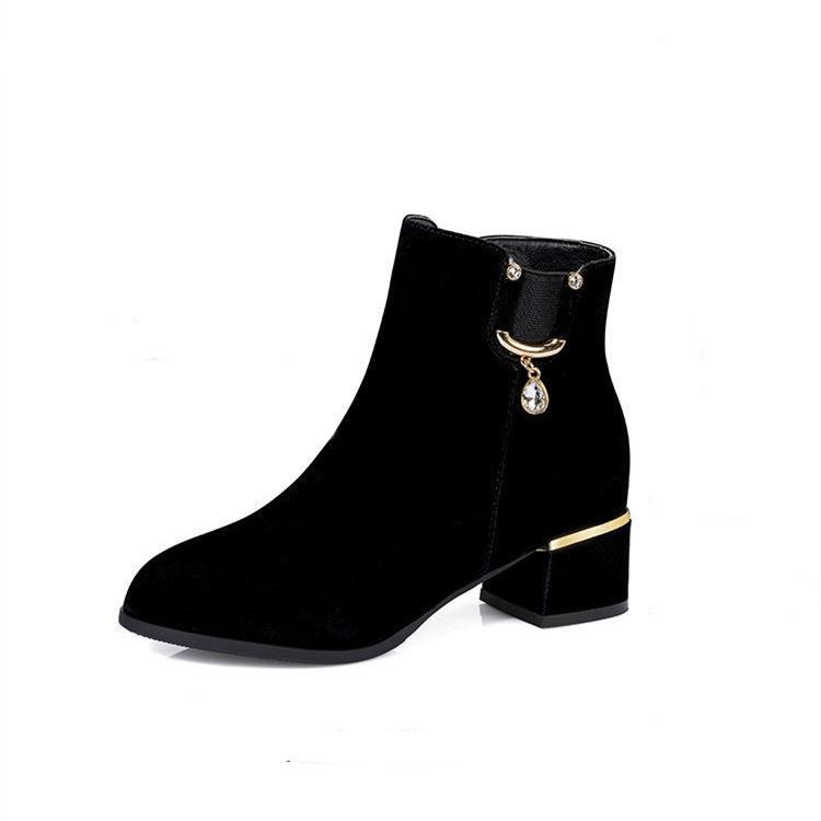 Fashion Women's Autumn and Winter Boots Rhinestone Single Boots Thick Heel Mid-heel Short Boots Frosted Winter Plus Velvet