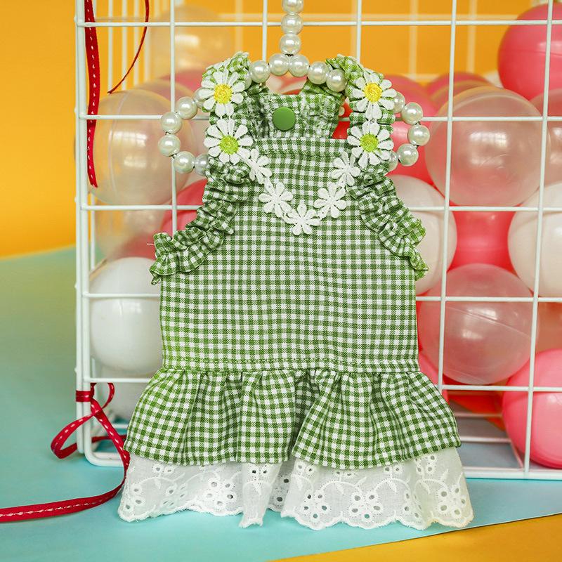 Pet Dog Cat Summer Mini Blue Plaid Sun Lace Dress Pet Clothing