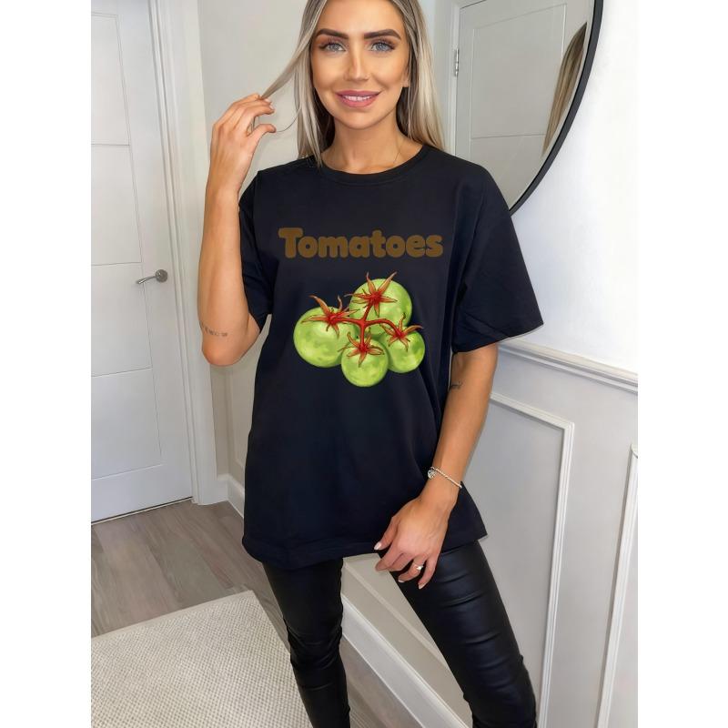 Oversized T Shirt Black Tomatoes Green Vegetables Print Casual Summer Wear