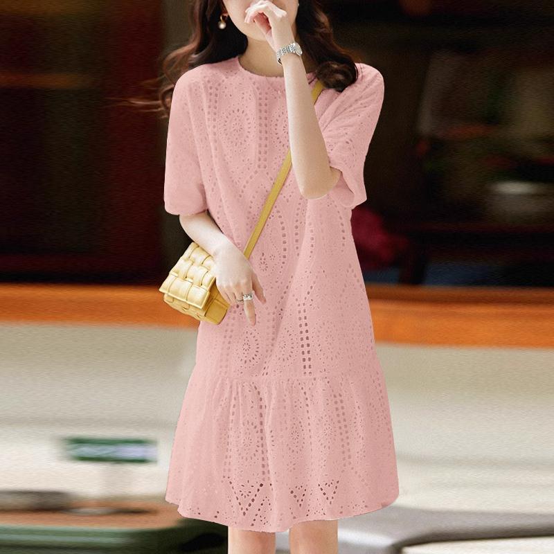 

ZANZEA Женское летнее повседневное платье с круглым вырезом и короткими рукавами, связанное крючком из кружева S розовый