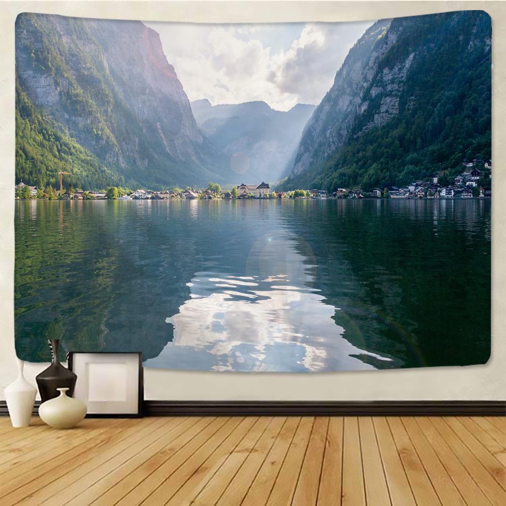 Live-Foto Klarer Berg und grünes Wasser Große Landschaft Bedruckter Wandteppich Psychedelischer Wandbehang Böhmische Wandkunst Wohndekor