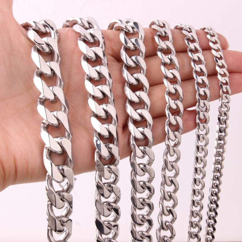 Stainless Steel Cuban Link Chain Silver Color Necklace Bracelet For Men Jewelry 8/10/12/14Mm Width Hip Hop Punk Accessories