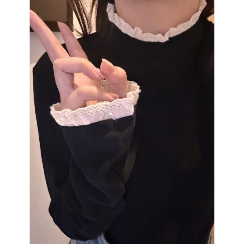 Lace Lace Half-high Neck White Inner Bottom Shirt Autumn and Winter Long-sleeved T-shirt Thick Top Women's Clothing