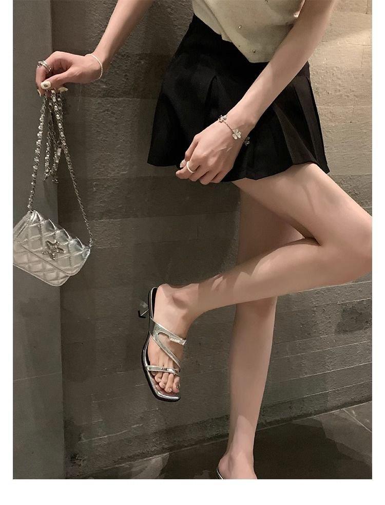 Grape Mother Summer New Temperament Square Head Open Toe Thin Belt French Word Belt High Heels Versatile Sandals Women's Summer