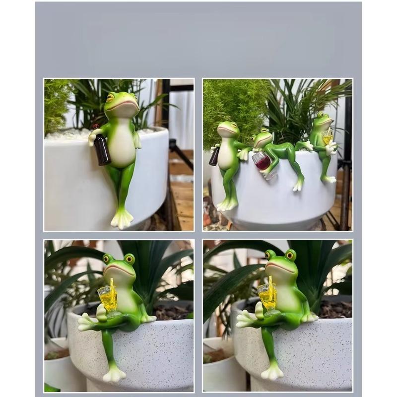 Funny Drinking Frog Statue, Sherum Resin Hanging Pot Hugger Sculpture for Garden, Whimsical Outdoor Vianys Frog Figurine Plant Pot Ornament