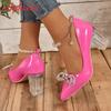 Fashion Aphixta  New Luxury Crystals Bow Transparent Bead Chain 7cm Transparent Chunky Heels Pumps Women Shoes String Bead Belt Chain