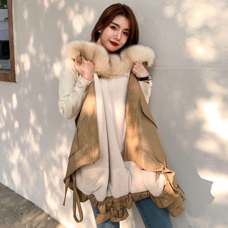 Autumn and winter new leather jacket women's fleece thickened short loose removable imitation unloading fox fur collar pie to overcome