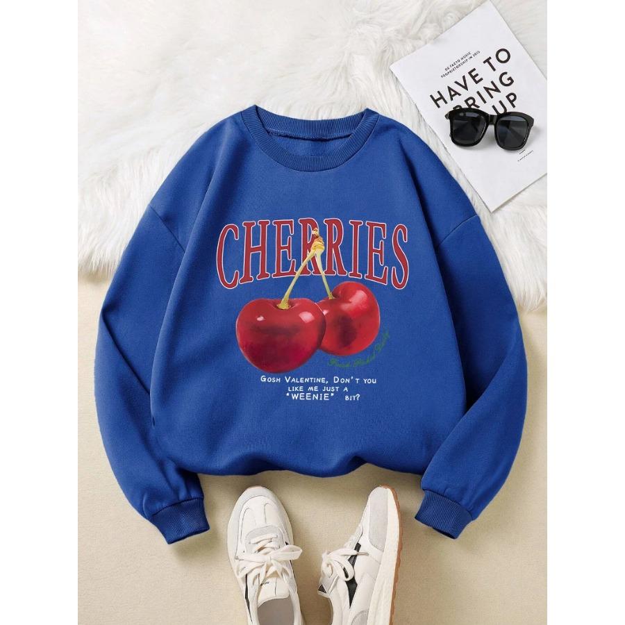 Fashion Womens Sweatshirt Fresh Red Cherries Printing Pullover Crewneck Fleece Soft Breathable Hoodie Autumn Female Streetwear