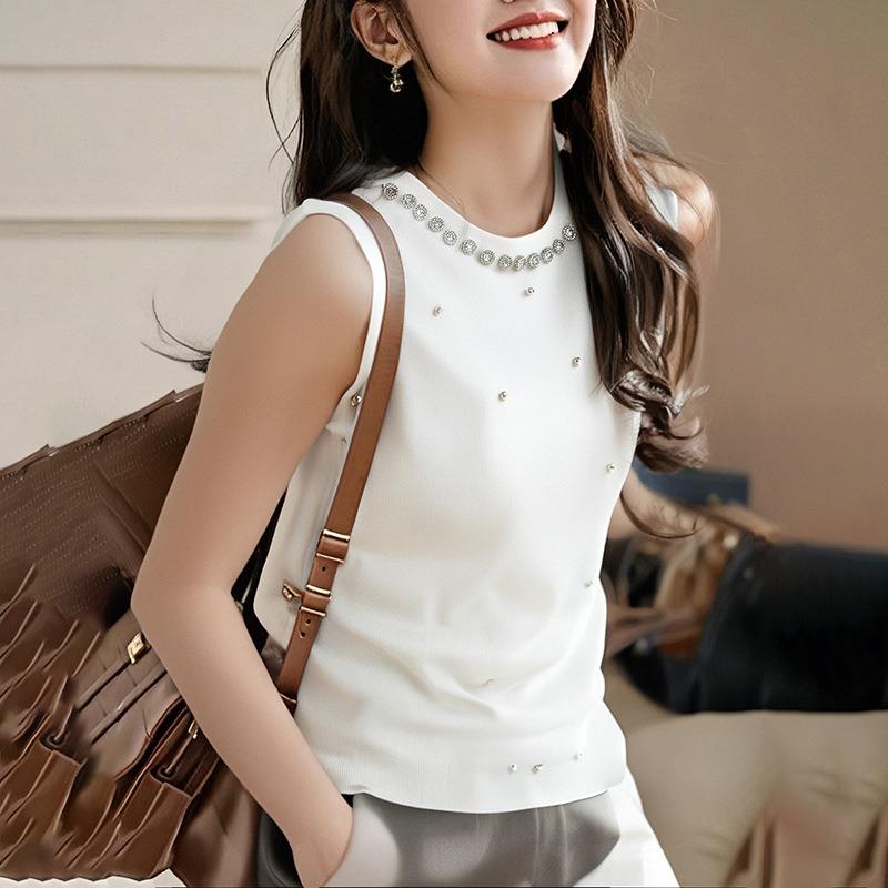 Summer New Round Neck Beaded Vest Women's Knitted Sweater
