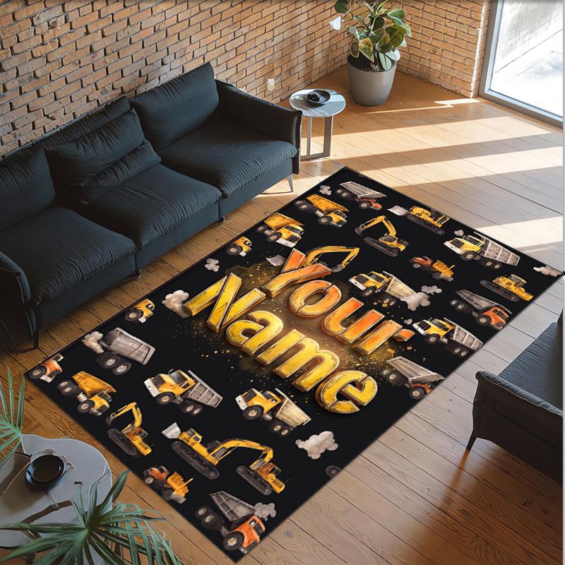 Construction Vehicles Theme Crystal Velvet Rug Personalized Custom Name Text Soft Floor Mat Home Decor