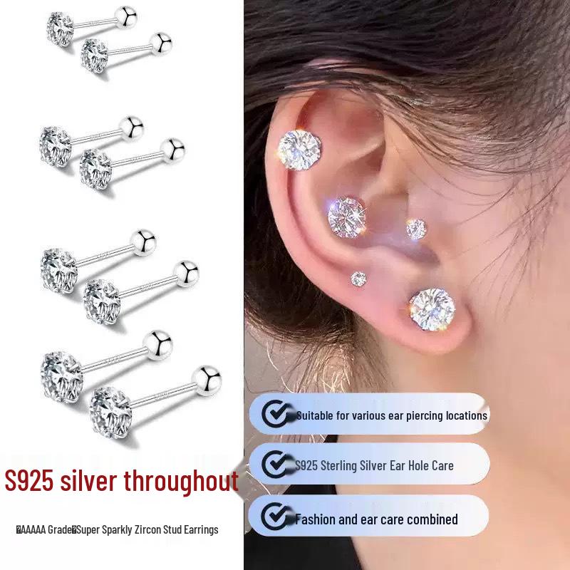 Beixi S925 Sterling Silver Rhinestone Ear Bone Studs for Women, Sleep-Friendly Twist-Lock Design S925 Silver