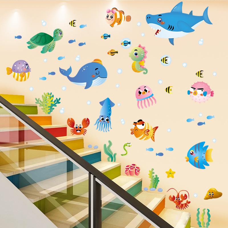 Marine Animals Cartoon Wall Stickers Kindergarten Children'S Room Decoration Self-Adhesive Underwater World Stickers Quality