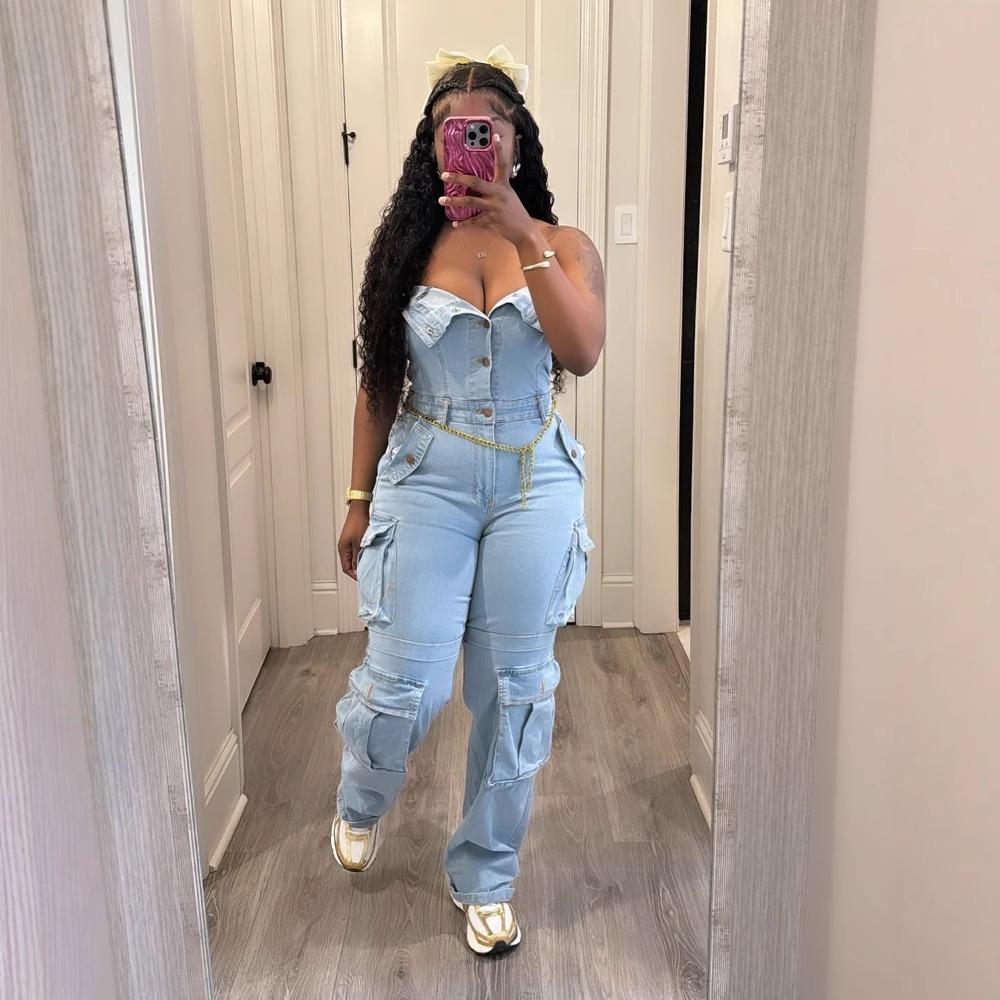 Women s Off Shoulder Sleeveless Denim Jumpsuit Loose Fit Mid Rise Streetwear Cargo Boiler Suit With Pocket Detail S
