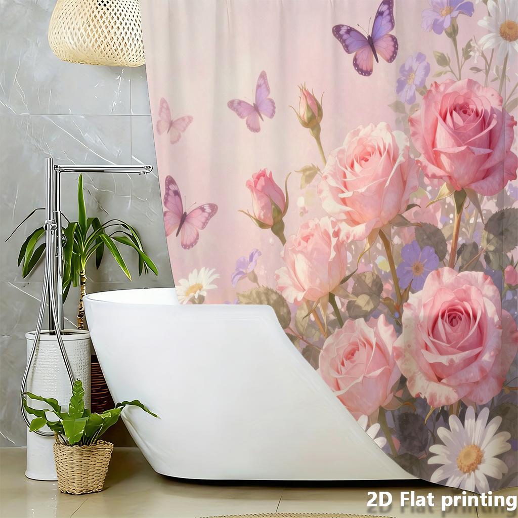 Pink Rose & Butterfly Shower Curtain – Watercolor Floral, 71×71", Polyester,12 Hooks, Elegant Spa-Style Decor, Wedding Gift Idea