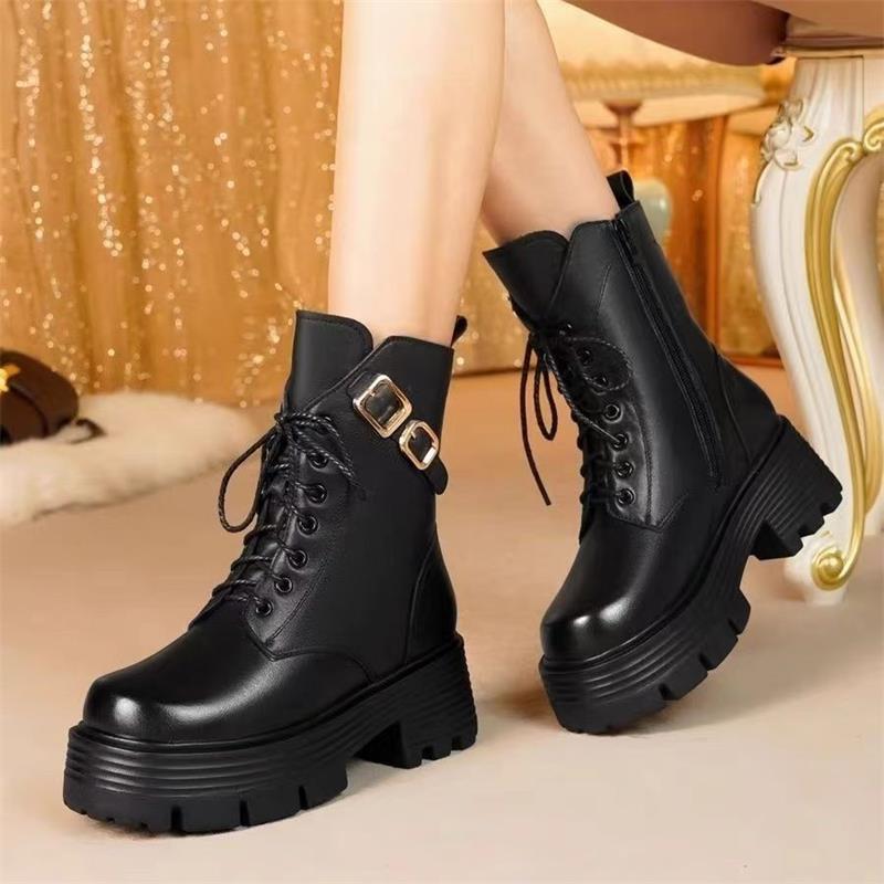 British winter velvet cotton Martin boots women's rivets medium tube high heel locomotive short boots knight thick heel fashion boots