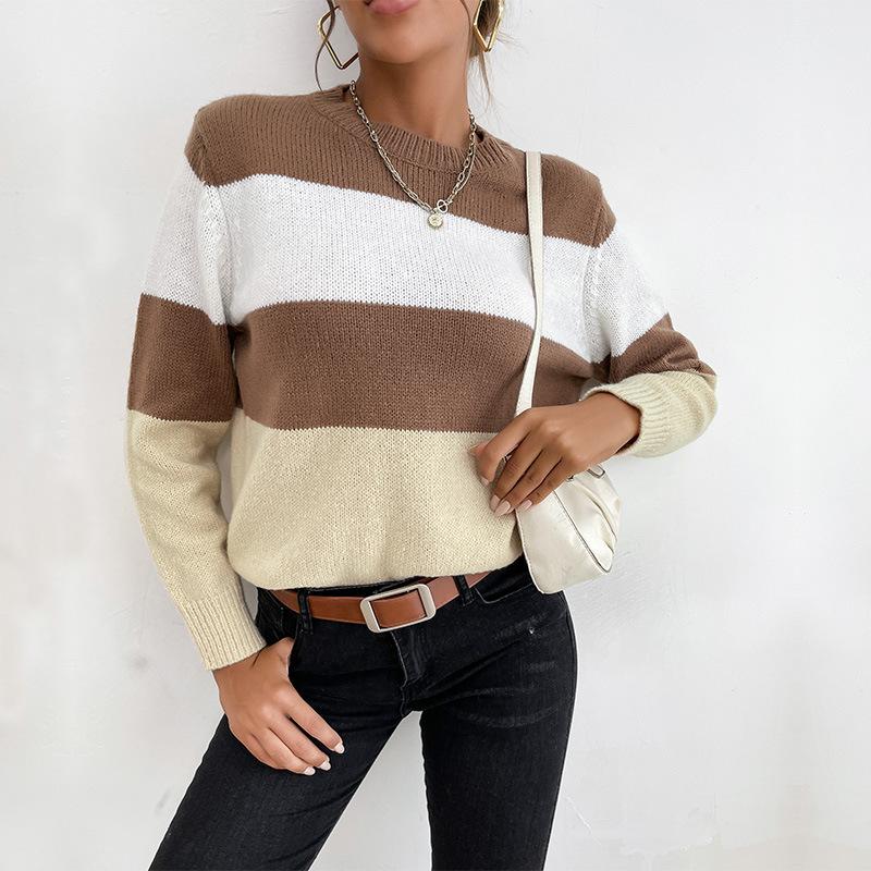 Vintage Mode Elegant Lässig Damen Herbst Colorblocking Langarm Rundhals Pullover Damen