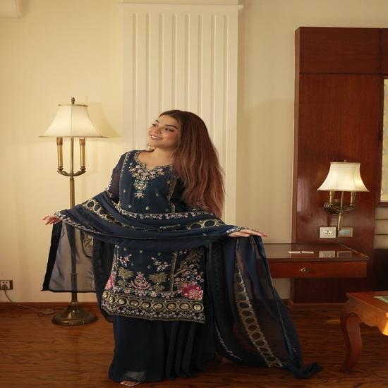 Exquisite Navy Blue Georgette Sharara Suit with Intricate Pastel Floral Embroidery M
