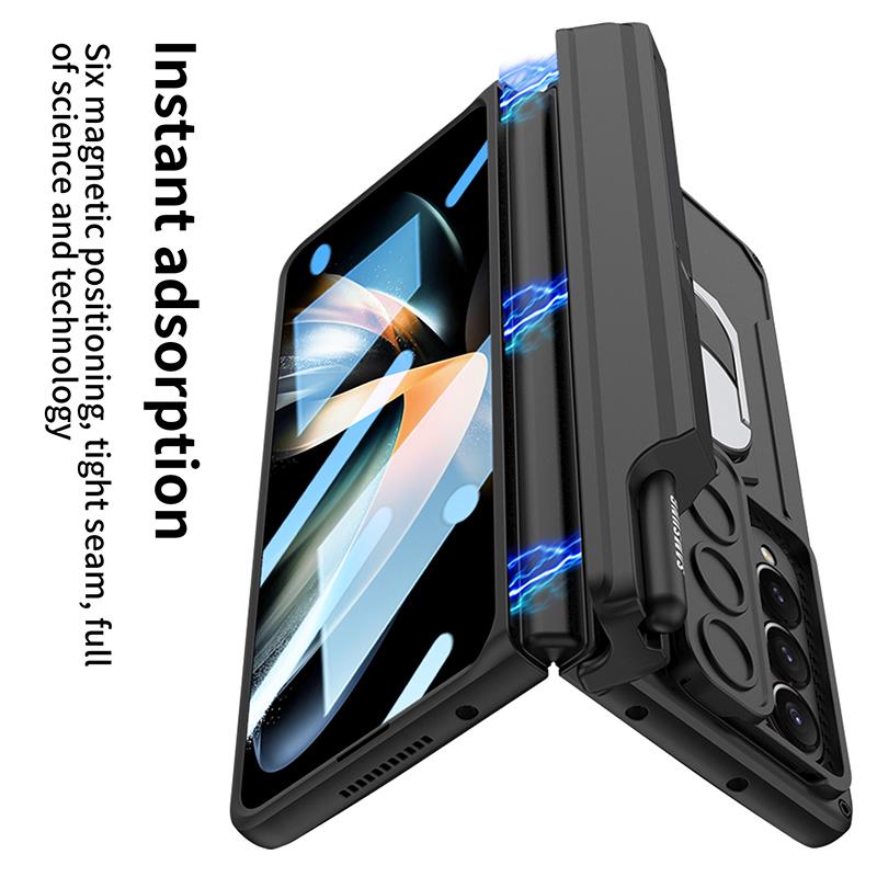 Ebesfous Magnetic Armor Pen Holder Case For Samsung Galaxy Z Fold 4 5g Magnetic Hinged Cases With Front Glass 2 Bracket Lens Cap