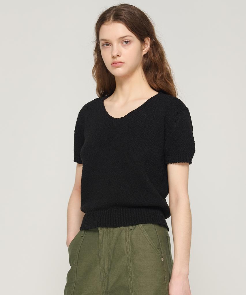 CARGOBROS FOR WOMAN Boucle V-Neck Short Sleeve Knit (Black)