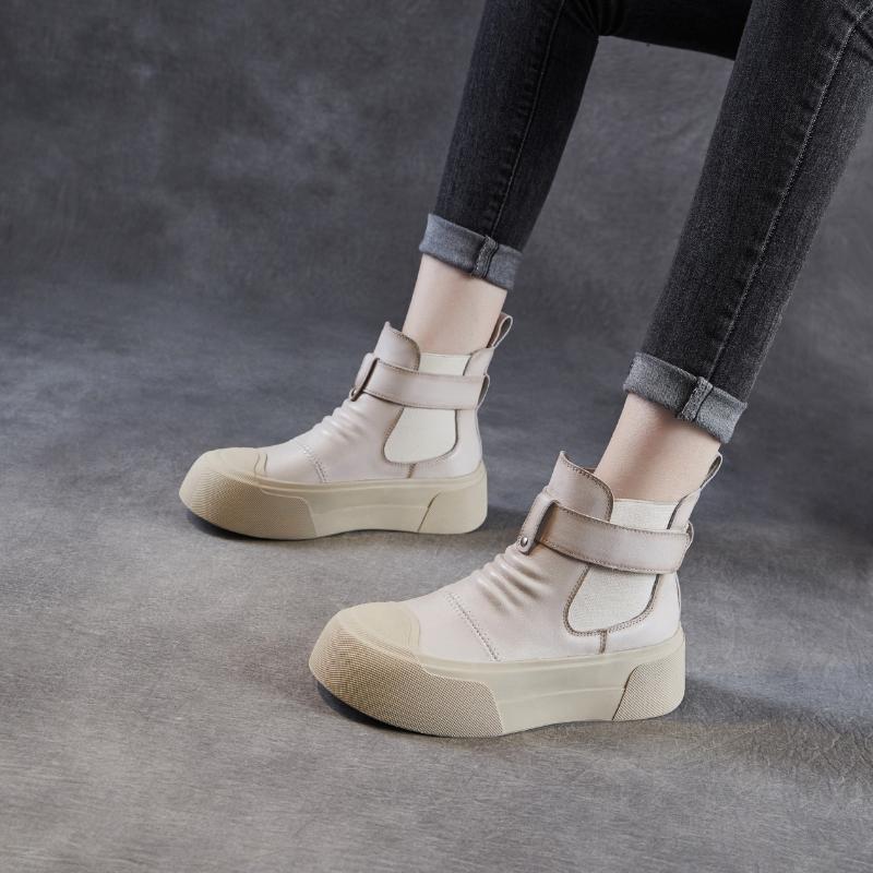 Fashion New 5cm Fashion Women Chunky Platform Ankle Boots Spring Autumn Genuine Leather Pleated Slip On Thick Sole Casual Short Boots