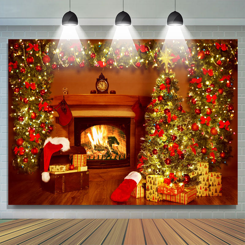 Festive Warm Light Christmas Tree Fireplace Holiday Christmas backdrop for Festive Decor Merry Christmas banner Holiday Decor 5X3FT(1.5X1M)