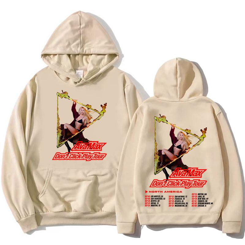 Ava Max Don’t Click Play Tour Hoodie Double Sided Concert Tour Dates Graphic Print Hooded Sweatshirt Pop Music Casual Streetwear Unisex Tops