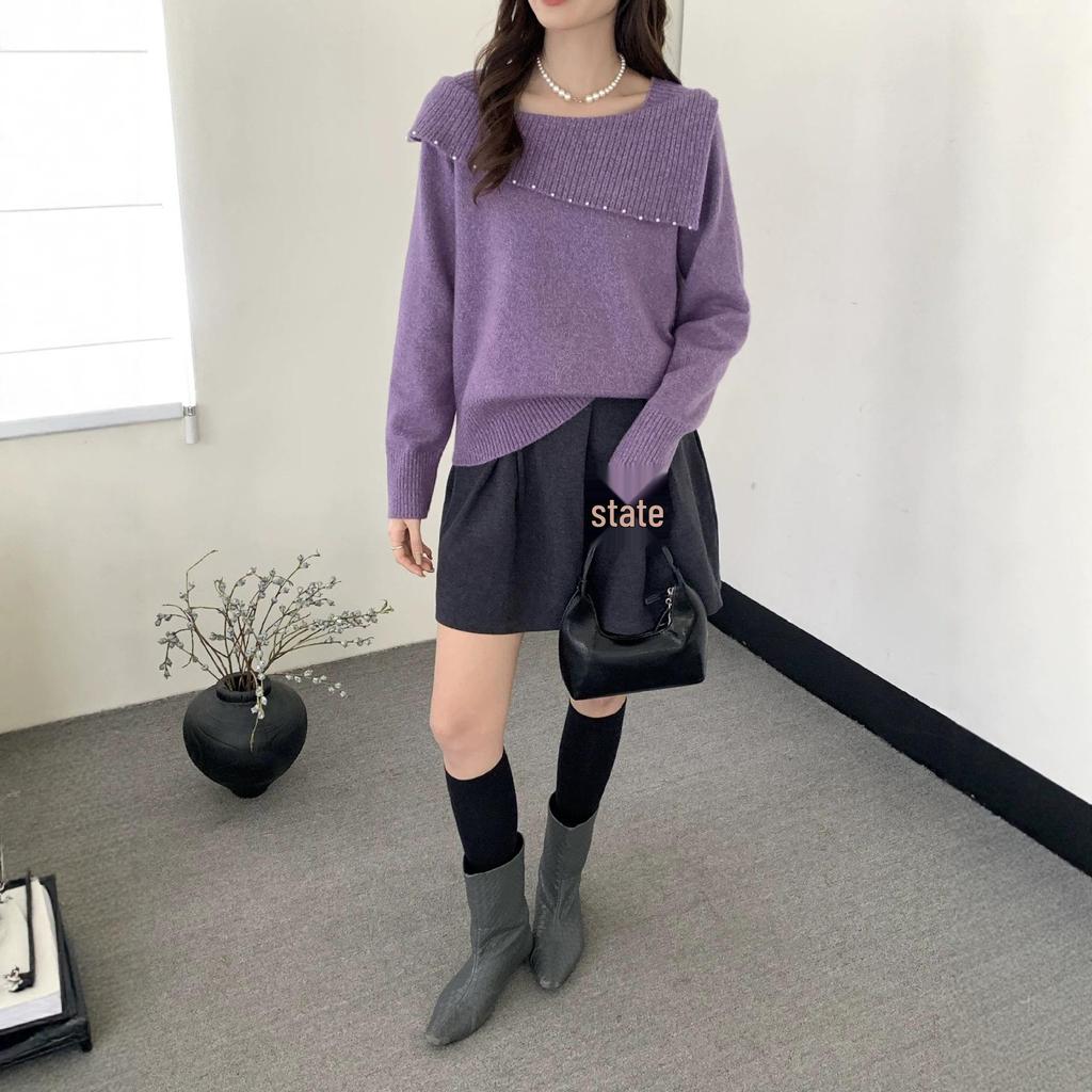 2026 Autumn Korean Style Elegant Beaded Lapel One-Shoulder Knit Sweater
