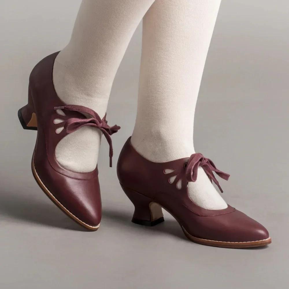 Fashion Retro Mary Jane Pumps Woman Vintage Lace Up Low Heel Dress Zapatos Ladies Brand Design Butterfly Wing Derby Shoes Plus Size 43