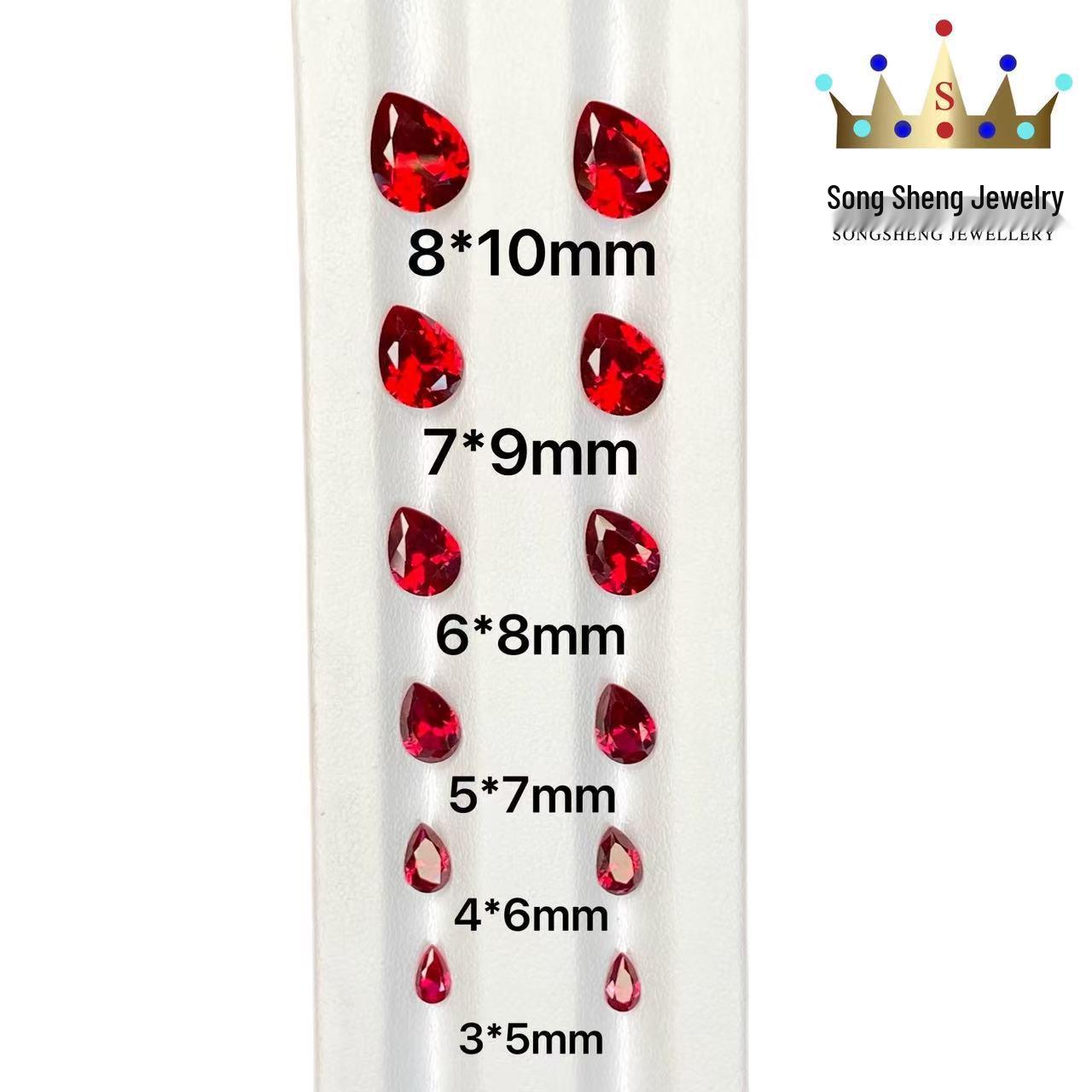 Cultivated Ruby Faceted Drop Pear-Shaped Ring with Pigeon Blood Red Corundum Main Stone and Side Stones. 3x5mm Pear-shaped