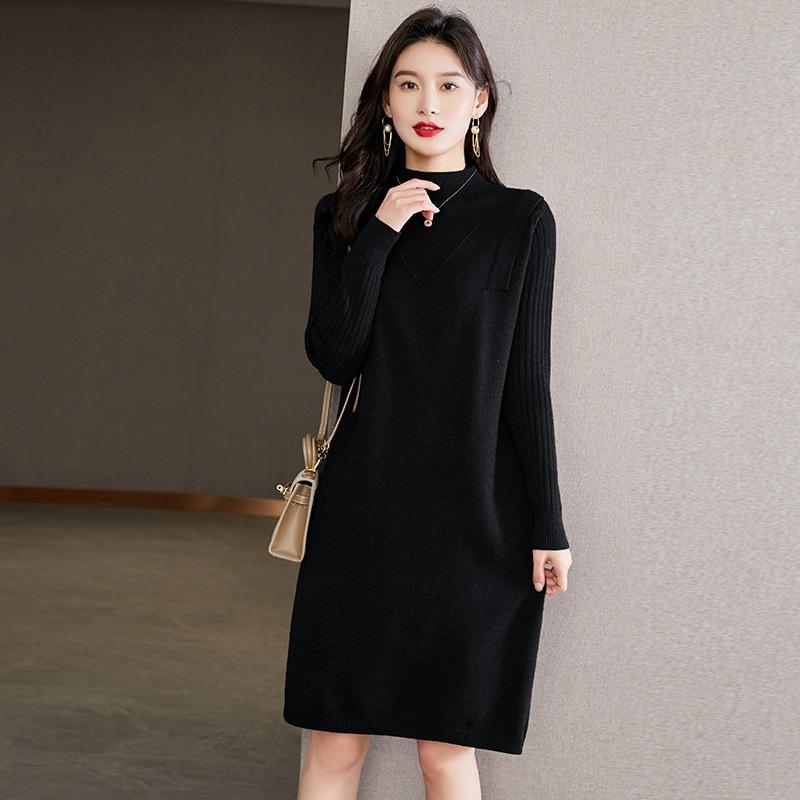 With coat sweater skirt women's autumn and winter wear knitted dress semi-turtleneck medium and long inner bottoming shirt
