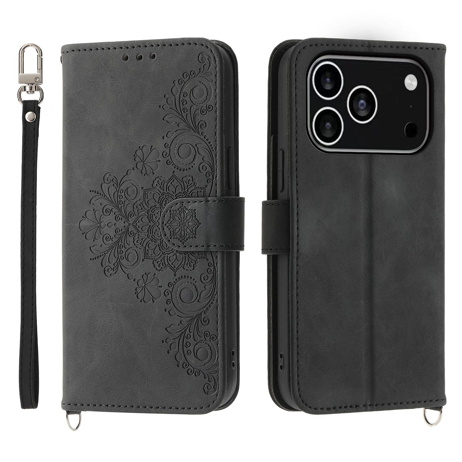

For iPhone 17 Pro Case Flower Pattern PU Leather Wallet Phone Cover with Strap Black
