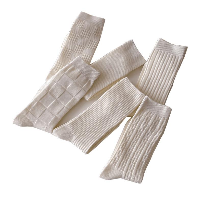 White Pile Pile Socks - Spring and Autumn Fine Combed Cotton Moisture-wicking Ladies' Socks, Trendy Mid-calf Socks, Cream-colored Socks