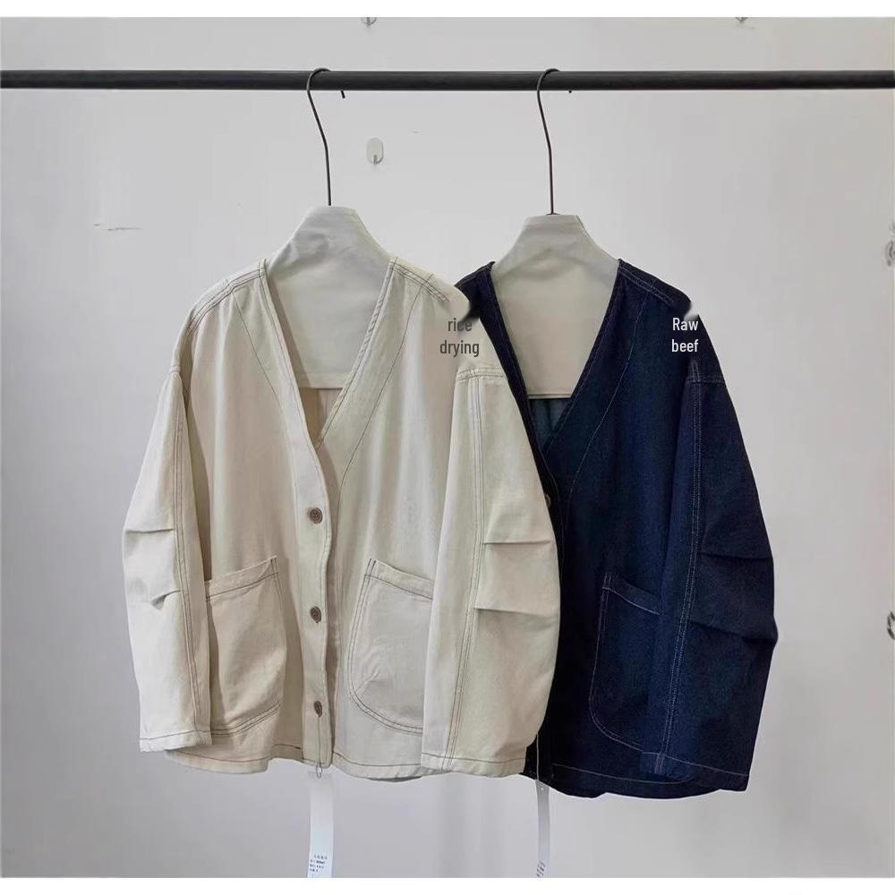 

Jibu Jianchuan Retro Pleated Sleeve Denim Jacket - Plus Size, Casual Japanese Spring Style Original Indigo