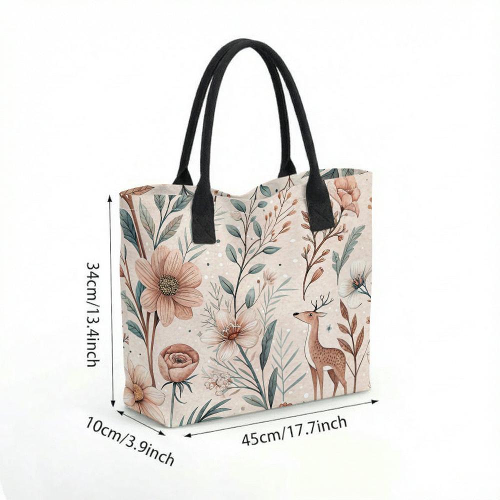 Floral Deer Print Tote Bag Cute Casual Large Capacity Shoulder Handbag for Daily Use