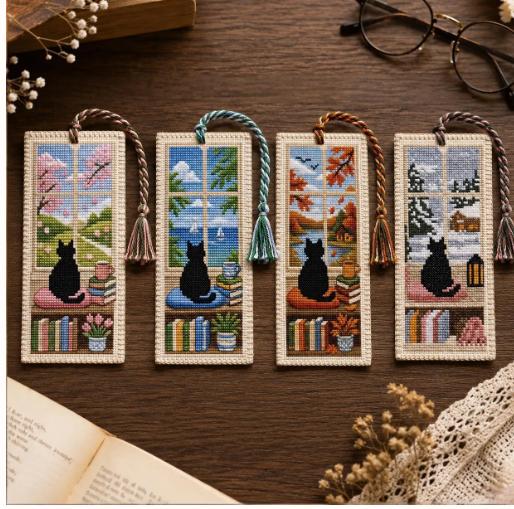Seasonal Cat Cross Stitch Bookmark with Tassel Handmade Needlepoint Reading Accessory for Book Lovers and Craft Enthusiasts
